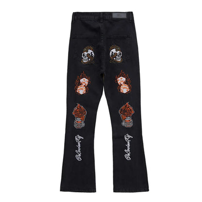 fashion back skull letters embroidery denim flare jeans mens zipper straight trouser hip hop streetwear pants joggers jeans men streetwear sweatpants