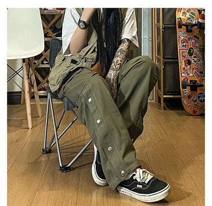 Fashionable Korean style gothic buttoned overalls pants men summer Harajuku street y2k hip hop casual retro sports pants Street King Limited