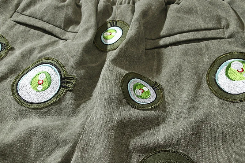 Japanese Eyes Embroidery Washed Military Green Worn Canvas Shorts for Men Summer Pockets Baggy Cargo Short Oversized Street King Limited