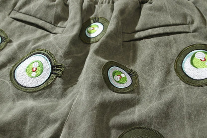 Japanese Eyes Embroidery Washed Military Green Worn Canvas Shorts for Men Summer Pockets Baggy Cargo Short Oversized Street King Limited
