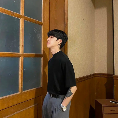 Korean style high-end half turtleneck short-sleeved summer T-shirt for men loose ice-sleeved bottoming shirt y2k trendy ins top Street King Limited