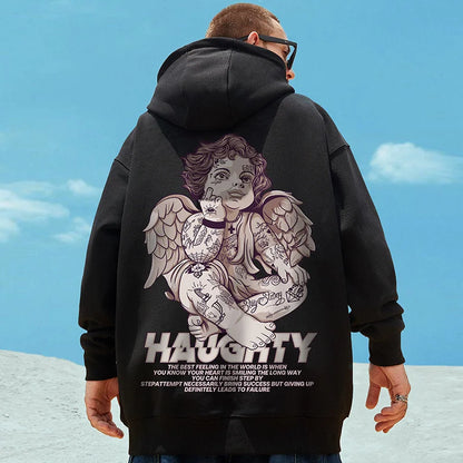 Autumn Haughty Angel Graphic Fleece Hoodies For Men Oversized Retro Loose Hoody Sweatshirts American Streetwear Y2K Clothes Street King Limited