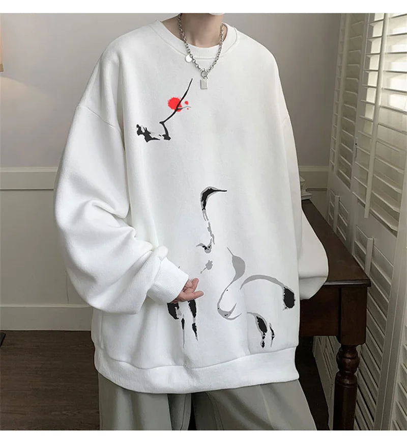 Ink Painting Cartoon Crane Printed Pullover Hoodies For Men 2024 New Hip Hop Fashion Crewneck Hoody Y2K Streetwear Sweatshirts Street King Limited