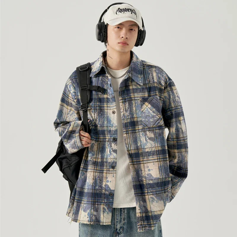 Streetwear Autumn Mens Ink Tie Dye Plaid Long Sleeve Shirt Korean Fashion Vintage Autumn Mens Ink Tie Dye Plaid Long Sleeve Shirt Korean Fashion Vintage Button T Shirts Y2K Streetwear Social Shirt Jackets Fashion Sweater Jacket With Graphic Design For Men