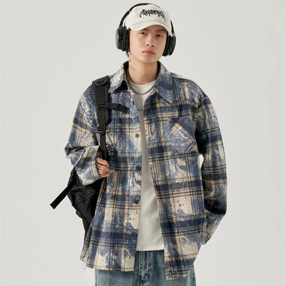 Streetwear Autumn Mens Ink Tie Dye Plaid Long Sleeve Shirt Korean Fashion Vintage Autumn Mens Ink Tie Dye Plaid Long Sleeve Shirt Korean Fashion Vintage Button T Shirts Y2K Streetwear Social Shirt Jackets Fashion Sweater Jacket With Graphic Design For Men