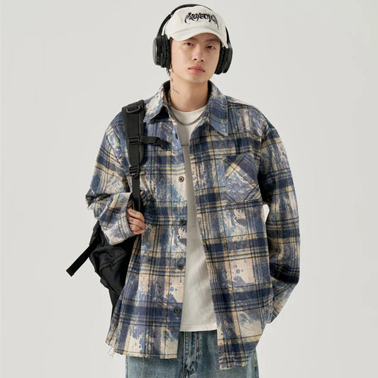 Streetwear Autumn Mens Ink Tie Dye Plaid Long Sleeve Shirt Korean Fashion Vintage Autumn Mens Ink Tie Dye Plaid Long Sleeve Shirt Korean Fashion Vintage Button T Shirts Y2K Streetwear Social Shirt Jackets Fashion Sweater Jacket With Graphic Design For Men