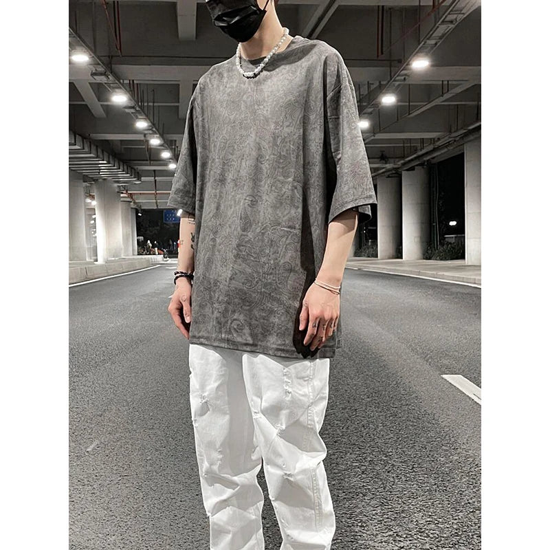 Merican Hip-hop Summer Thin Section Suede Cashew Flower Print Tshirts Tops Men and Women Loose Short-sleeved T-shirts Oversized Street King Limited