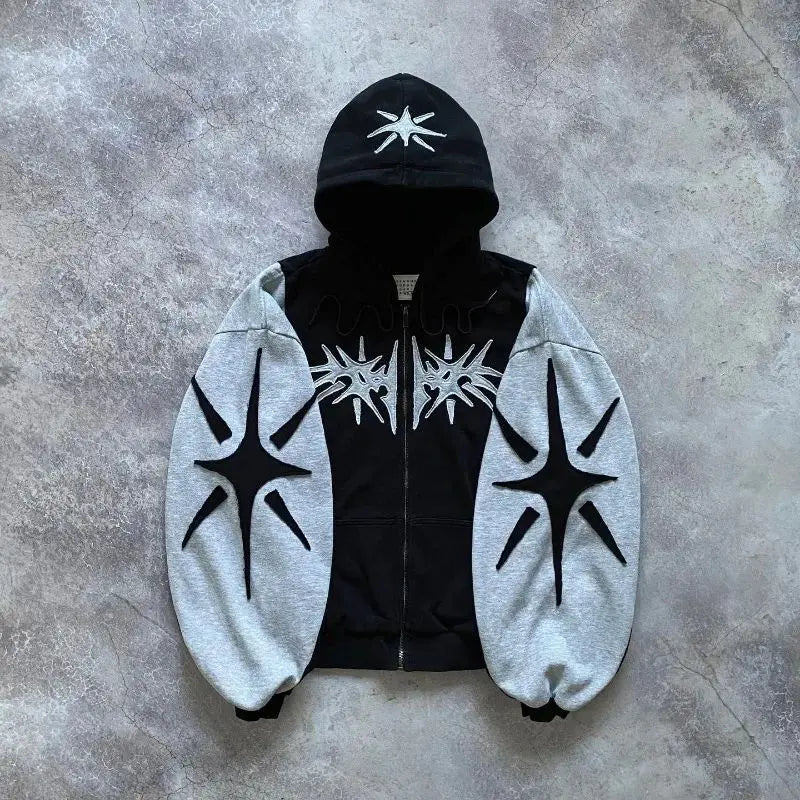 Y2k Patch Design Loose Zip Hoodies for men Geometric Pattern Splicing Sweatshirt Gothic Streetwear Oversized Casual Men Clothing Street King Limited