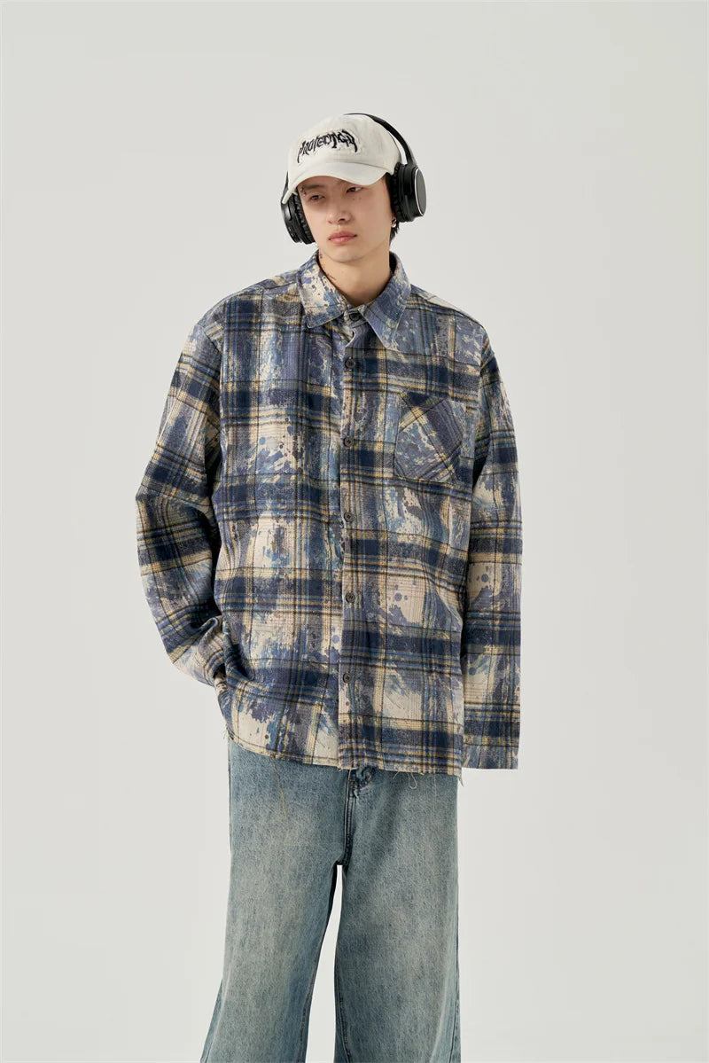 Streetwear Autumn Mens Ink Tie Dye Plaid Long Sleeve Shirt Korean Fashion Vintage Autumn Mens Ink Tie Dye Plaid Long Sleeve Shirt Korean Fashion Vintage Button T Shirts Y2K Streetwear Social Shirt Jackets Fashion Sweater Jacket With Graphic Design For Men