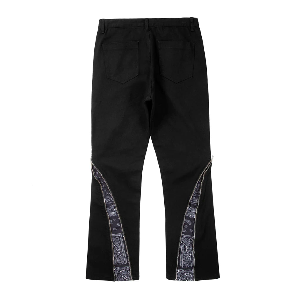Curve Zipper Cashew Print Patchwork Jeans for Men Straight Black White Y2K Streetwear Casual Baggy Denim Trousers Oversized Street King Limited