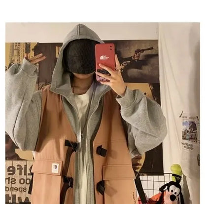 Fake two-piece coat men's ins, trendy Japanese functional workwear hooded jacket, autumn European and American retro trend tops Street King Limited