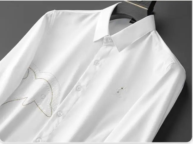 New Men luxurious Diamond Rhinestones Embroidered Dolphin Fashion Cotton Casual Shirts Shirt high Pocket Long-sleeves 5XL #A672 Street King Limited
