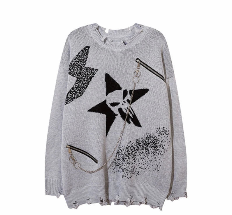 Deeptown Goth Punk Women's Ripped Knitted Sweater Gothic Vintage Jumper Grunge Y2k Knitwear Oversized Autumn Fashion Harajuku Street King Limited
