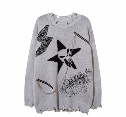 Deeptown Goth Punk Women's Ripped Knitted Sweater Gothic Vintage Jumper Grunge Y2k Knitwear Oversized Autumn Fashion Harajuku Street King Limited