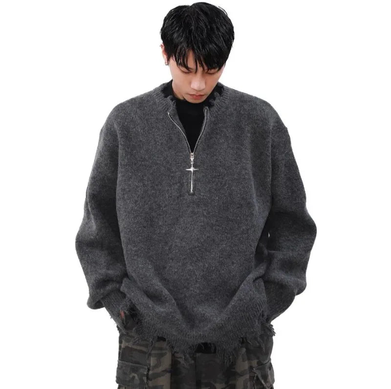 American High Street Mens Sweater 2024 New Autumn Half Zipper Fashion Knitted Tops Damaged Hip-hop Irregular Hem Pullover Street King Limited