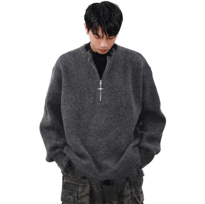American High Street Mens Sweater 2024 New Autumn Half Zipper Fashion Knitted Tops Damaged Hip-hop Irregular Hem Pullover Street King Limited