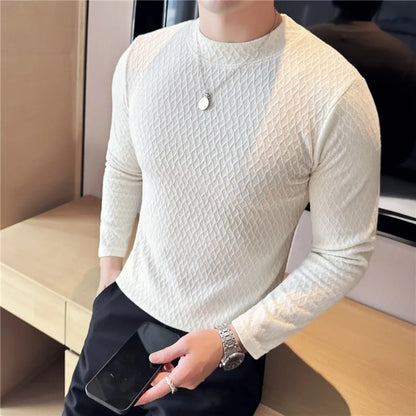 Autumn Winter Semi-turtleneck Stretch Slim Fit Long Sleeve Tshirt Men Thicken Velvet Jacquard Casual T-shirt Bottom T Shirt Street King Limited