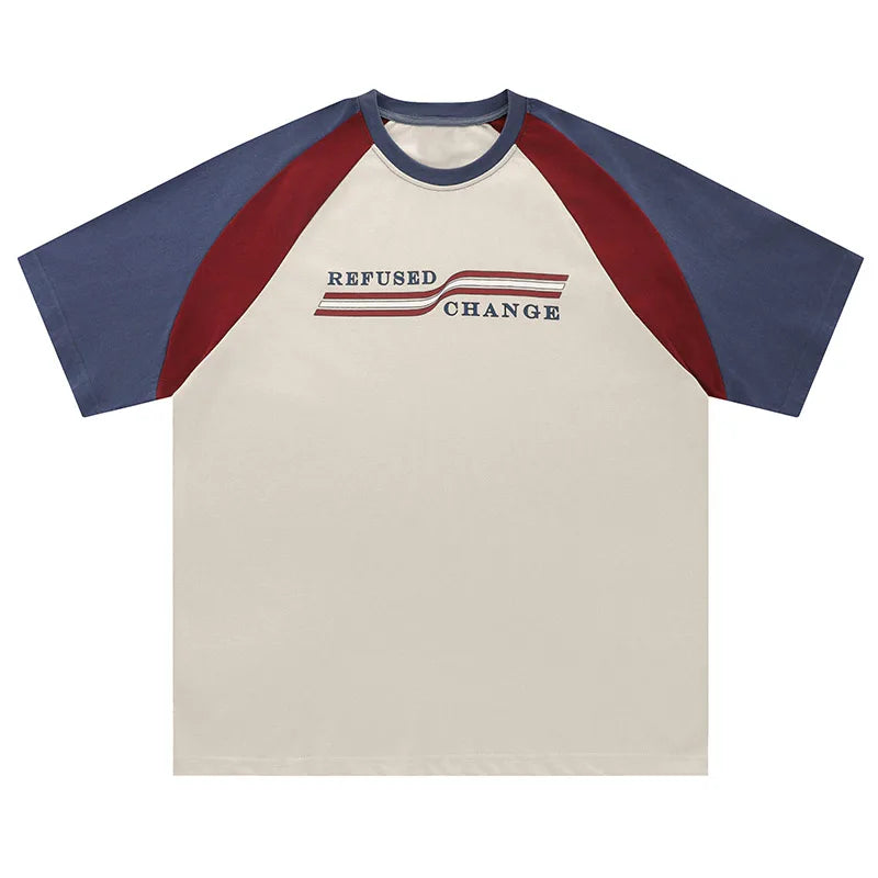 Men T-Shirt Contrast Color Deconstructed Splicing Tees Hip Hop Raglan Short-Sleeved Tops American Retro Sports Cotton Tshirt Street King Limited