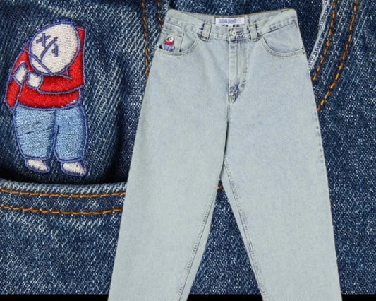 Hip Hop Big Boy Jeans Skateboard Y2K Pants Cartoon Embroidery Retro Blue Loose Jeans Men Women Casual High Waisted WideTrouser Street King Limited