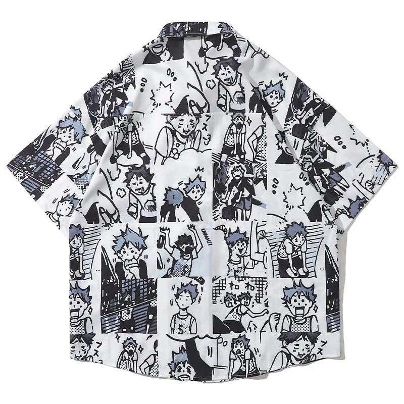 Men Short Sleeve Shirts Cartoon Comics Boy Printed Blouses Y2K Harajuku Japanese Retro Loose Summer Tops Streetwear Unisex Street King Limited