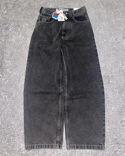 retro deep blue polar big boy baggy jeans mens women gothic wide leg trouser y2k hip hop cartoon embroidery streetwear jeans unique jeans style 3875