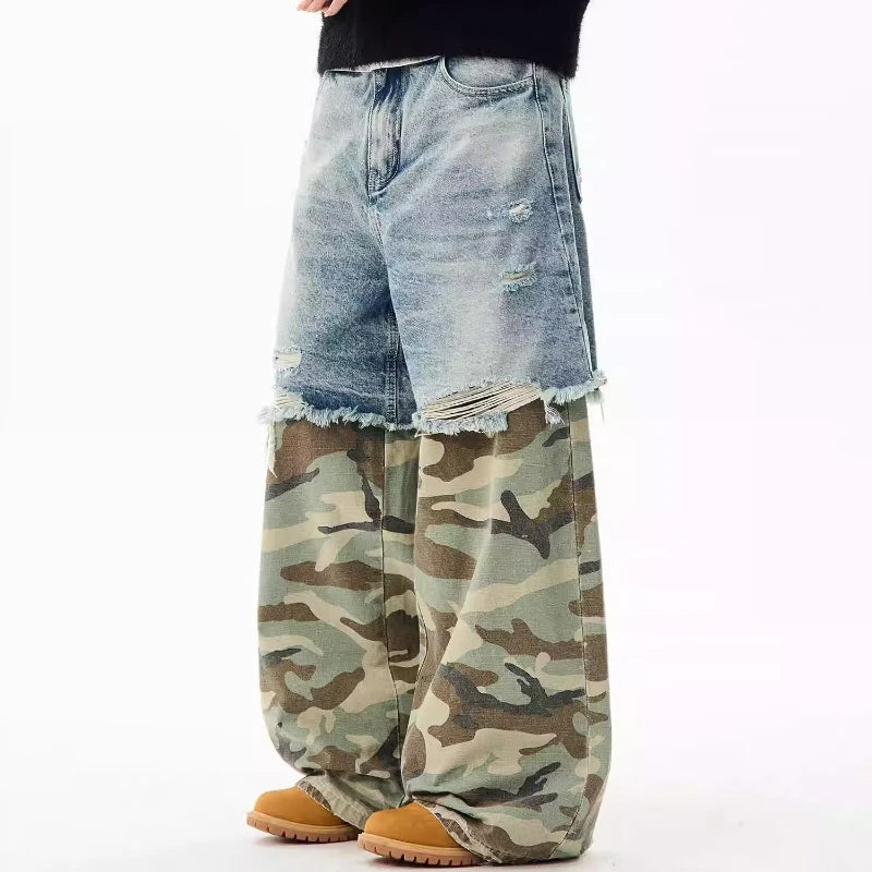 Camouflage Patchwork Jeans Mens Fake Two Items Street Punk Unisex Denim Pants Multiple Pockets Blue Size S-3XL Cowboy Trousers Street King Limited