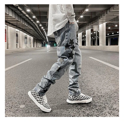 fashion ripped destroied jeans trousers distressed biker jeans with stars high street slim pants joggers denim jeans for men unique joggers style 2247