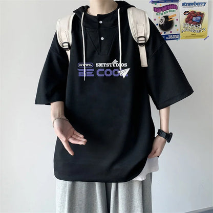 New Men's Casual Hooded Y2K T-Shirt Summer Short Sleeve Letter Printed T Shirts Hombre Oversized Hip Hop Fashion Gym Tee Tops Street King Limited