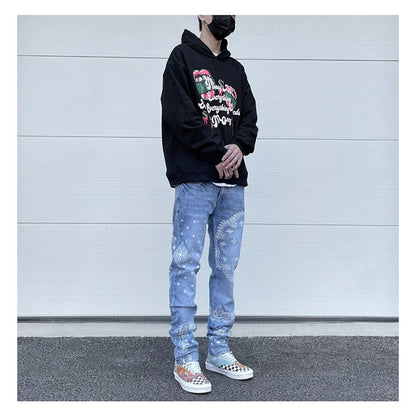 mens high street paisley print denim jeans casual hip hop distressed jeans slim fit skinny denim pants joggers streetwear men unique joggers style 270