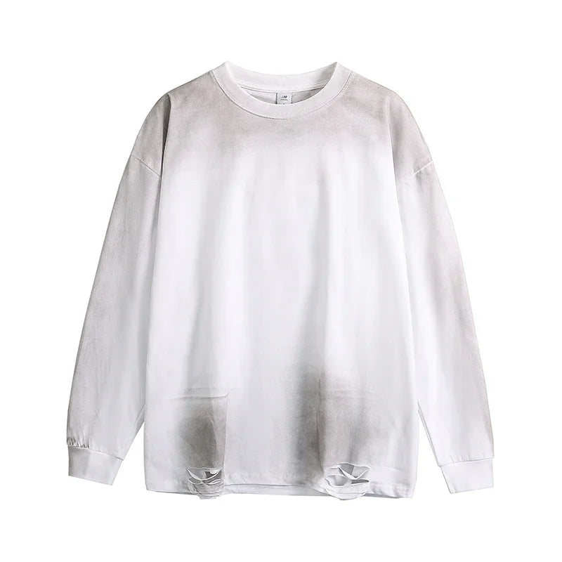 Men's Streetwear Hole Washed Cotton Long Sleeve Loose Casual T Shirt Tiki Y2k Clothes Oversized T-shirt for Men Tops Tshirt Street King Limited