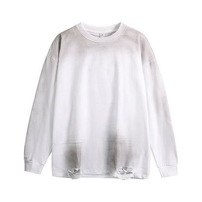 Men's Streetwear Hole Washed Cotton Long Sleeve Loose Casual T Shirt Tiki Y2k Clothes Oversized T-shirt for Men Tops Tshirt Street King Limited