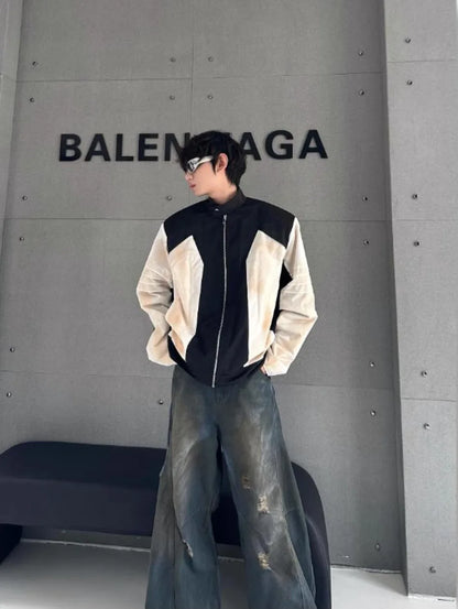 street american color block mens jacket 2024 new autumn zipper patchwork shoulder pads racing coats motorcycle windbreaker unique default style 3224