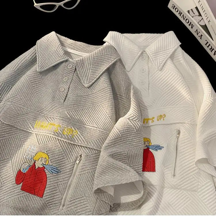 Korean waffle short-sleeved polo shirt with cartoon pattern summer jacquard collar t-shirt for men ins Hong Kong style loose top Street King Limited
