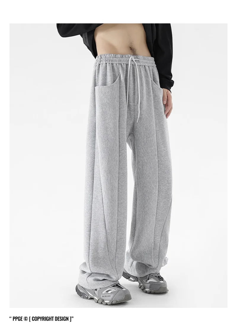 winter mens gray thickened straight leg sweatpants 2025 high street baggy drape pants korean fashion y2k casual trousers unique joggers style 149
