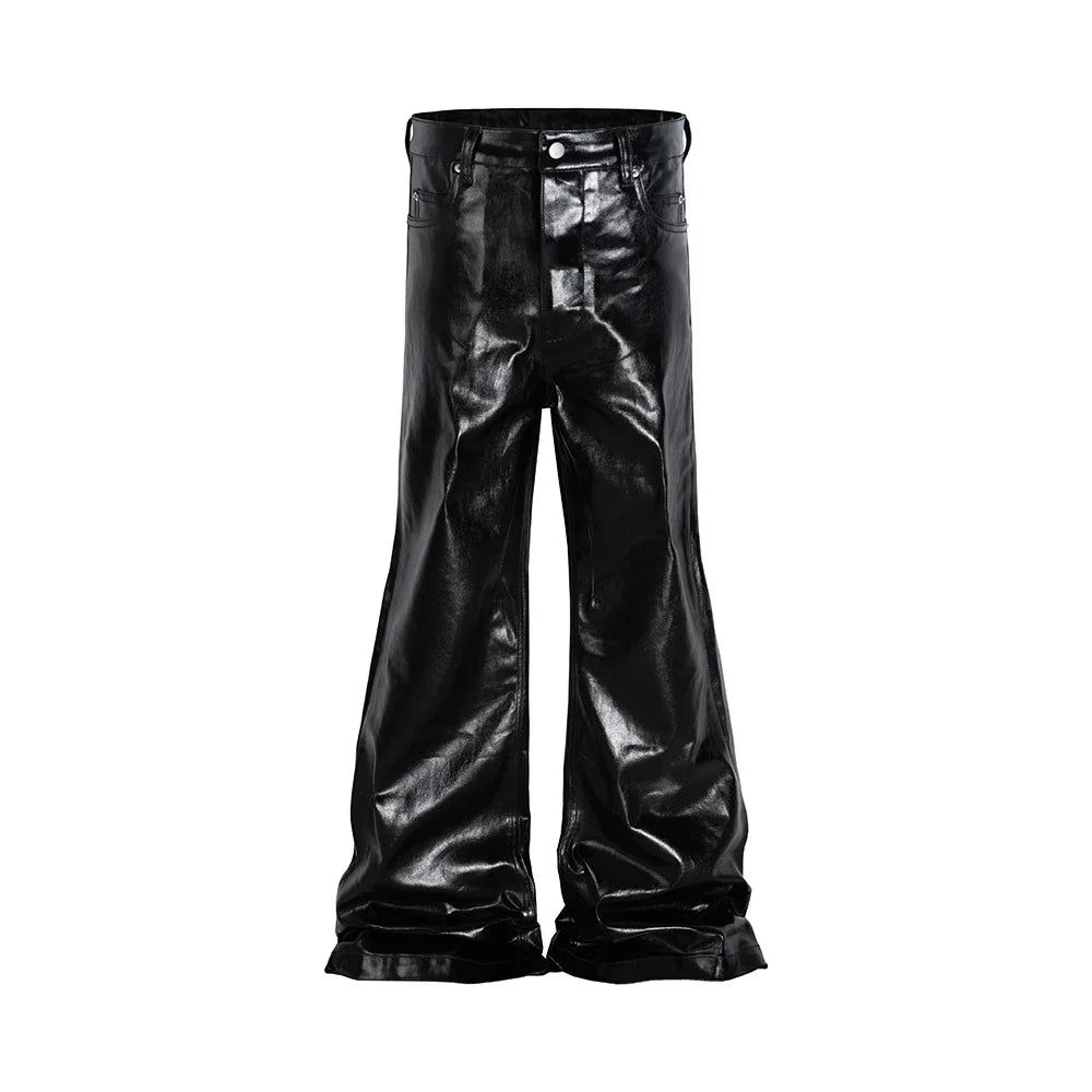high street wide leg glossy pu leather pants sashes boot cut men and wome straight baggy casual jeans oversized flared trousers urban skinny jeans