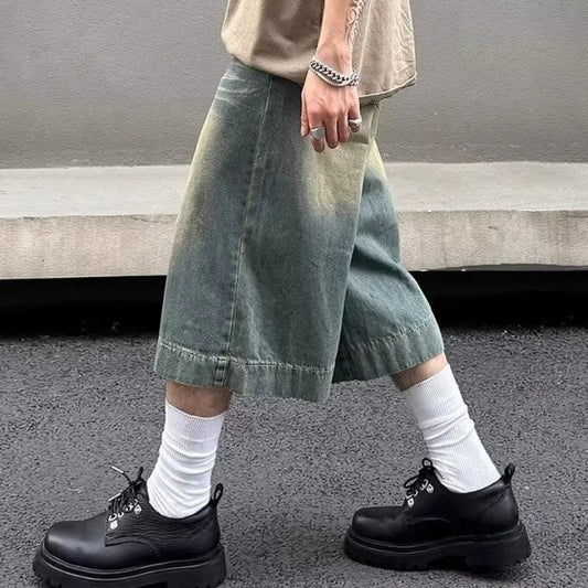 Summer Trend Denim Cropped Trousers Mens American Hip Hop Washed Wide Leg Shorts Unisex  High Street Straight Cowboy Mid Pants Street King Limited