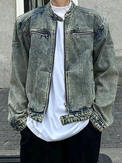 male denim jackets high street shoulder pad design patchwork solid men short coats american style loose short outwear zipper unique jeans style 3951