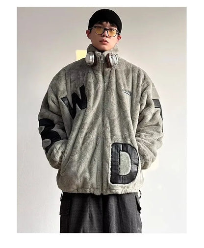 Street Lamb Wool Jacket Mens 2024 Winter Stand Collar Letter Patchwork College Parkas Fleece Warm New Thickening Couple Coats Street King Limited