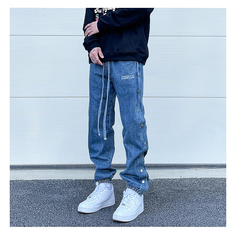 washed distressed denim sweatpant cashew flower patchwork oversized splice buckle jogging jeans casual button baggy men clothing unique joggers style 3354