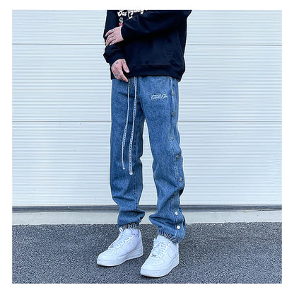 washed distressed denim sweatpant cashew flower patchwork oversized splice buckle jogging jeans casual button baggy men clothing unique joggers style 3354