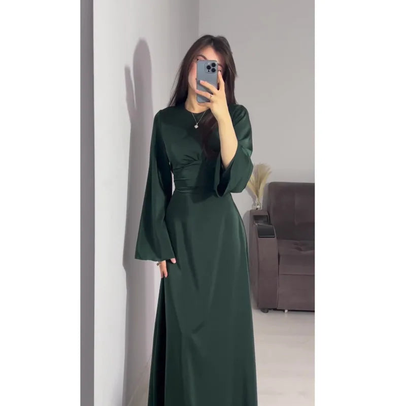 2024 Women Satin Long Dresses Sexy Lace Up Slim Evening Dresses Simple Round Neck Flare Sleeve Birthday Party Dresses For Women Street King Limited