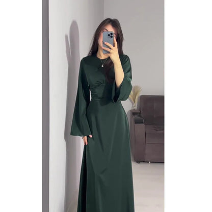 2024 Women Satin Long Dresses Sexy Lace Up Slim Evening Dresses Simple Round Neck Flare Sleeve Birthday Party Dresses For Women Street King Limited