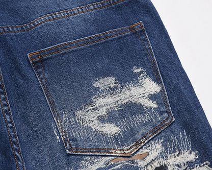 harajuku cut hole ripped patchwork blue jeans for men straight retro streetwear casual denim pants oversized loose trousers unique jeans style 1103