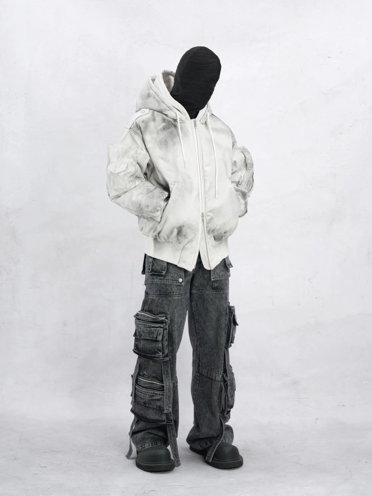 new arrival vintage heavyweight dirty grey double layer hooded leather jacket with multiple pockets zipper design cotton jacket relaxed fit trousers