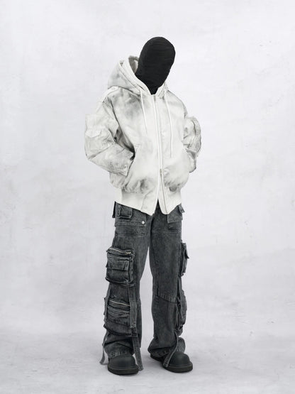 new arrival vintage heavyweight dirty grey double layer hooded leather jacket with multiple pockets zipper design cotton jacket relaxed fit trousers