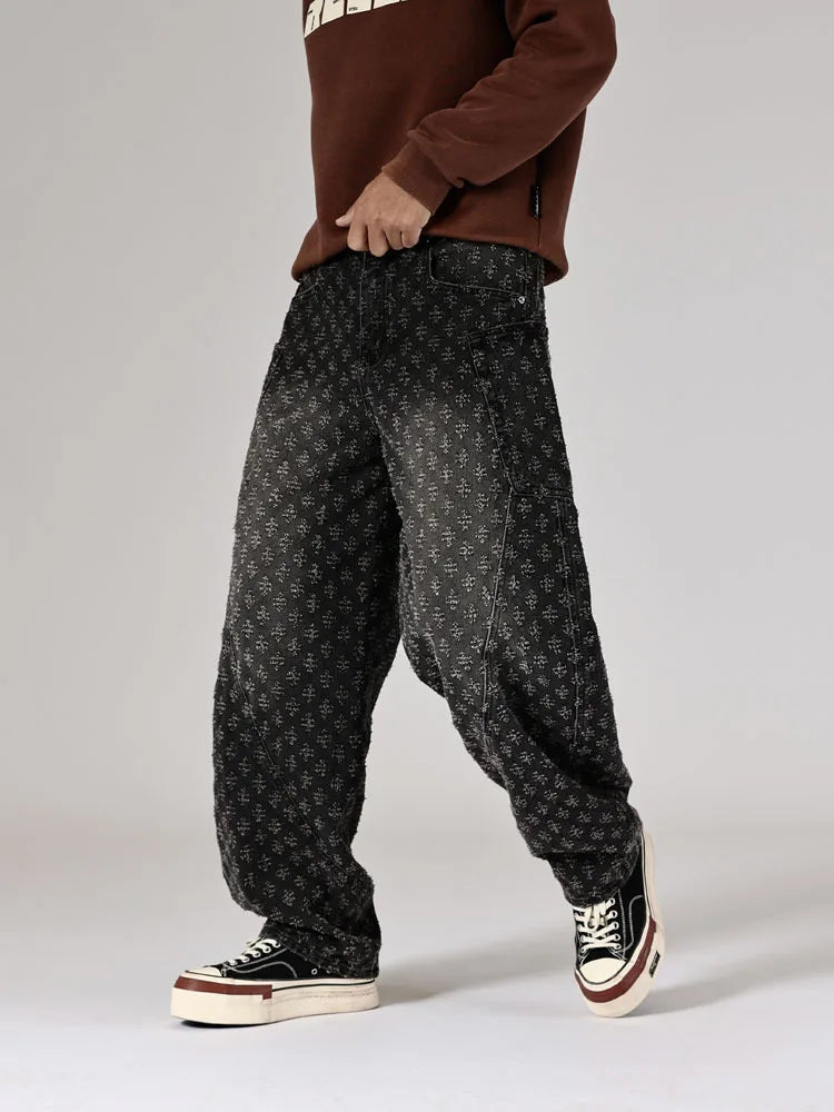 men brand fashion loose casual splice pocket jacquard vintage wide leg baggy jeans cityboy denim baggy jeans pants trousers unique jeans style 2860