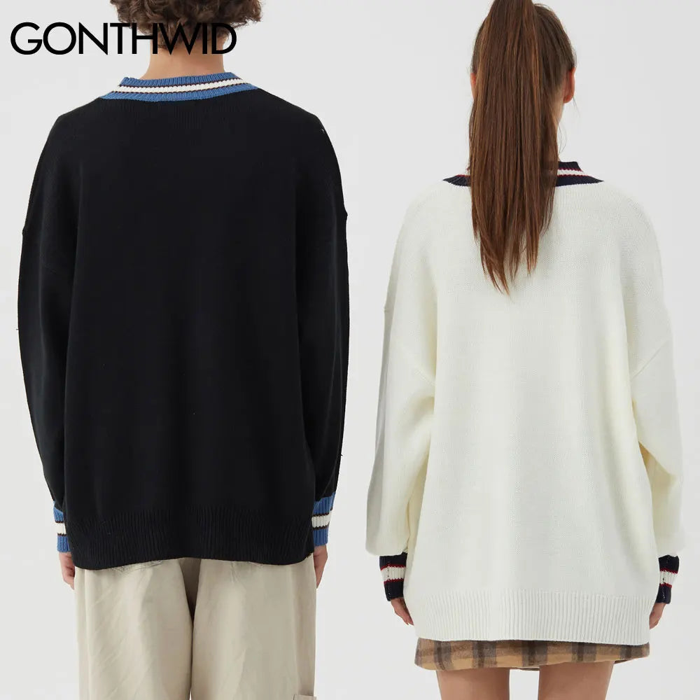 GONTHWID Bear Patchwork Striped Knitted Jumpers Sweaters Streetwear Hip Hop Harajuku Casual Pullover knitwear Mens Fashion Tops Street King Limited