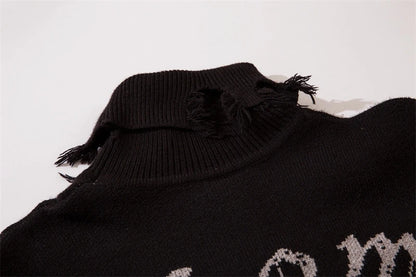 Half High Collar Goth Women Men Sweaters Oversized Long Sleeve Knitted Pullovers Y2k Men Ripped Sweater Harajuku Streetwear Tops Street King Limited