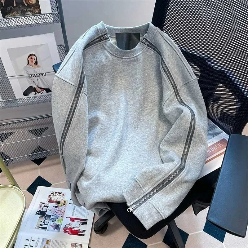 New Retro Zipper Design O-neck Sweatshirts For Men Autumn Y2K Streetwear Gray Pullover Hoodies Loose Hip Hop Fashion Sweat-shirt Street King Limited