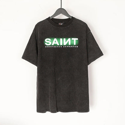 Saint T-shirt Summer Men Woman High Quality Street Hip Hop Chaopai Lovers Loose Casual O-Neck Wash Top Tees Street King Limited